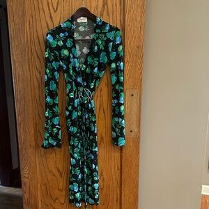 Coperni Paris Apple Wrap Dress | Blue & Green Print | Silver O-Ring Belt